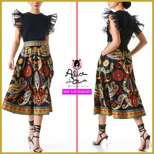 Alice + Olivia Earla Embroidered Embellished Floral Flare Midi Skirt